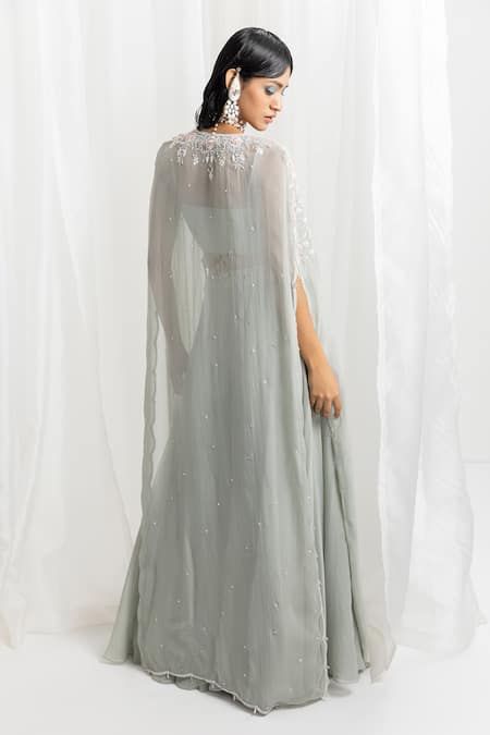 Seema Thukral Green Georgette Crystals, Beads Sweetheart Lehenga And Hand Embroidered Cape Set Online at Aza Fashions Seema Thukral_Green Georgette Crystals, Beads Sweetheart Lehenga And Hand Embroidered Cape Set _Online_at_Aza_Fashions