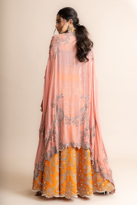 Shop_Nupur Kanoi_Orange Crepe, Satin, Canvas Sequins, Mirror Embroidered Cape And Lehenga Set _at_Aza_Fashions