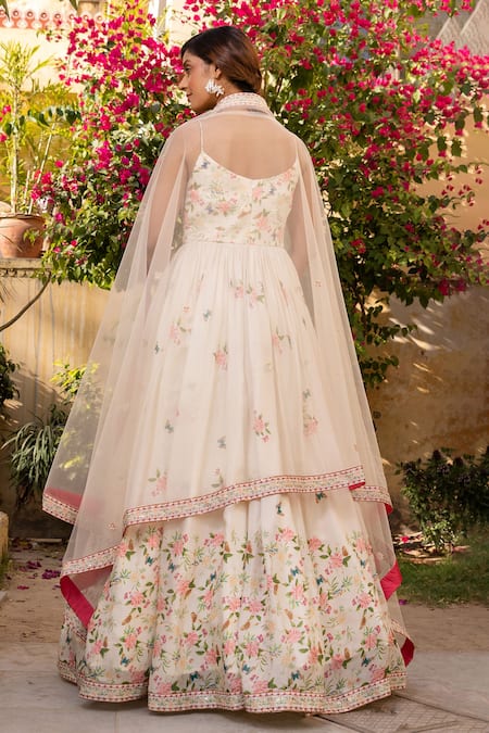 Shop Suruchi Parakh White Georgette, Organza Cut Work, Sequins, Garden Print Anarkali With Dupatta at Aza Fashions Shop_Suruchi Parakh_White Georgette, Organza Cut Work, Sequins, Garden Print Anarkali With Dupatta _at_Aza_Fashions