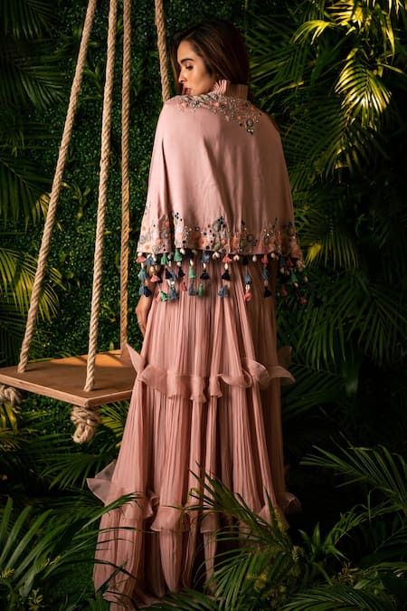 Shop Pallavi Poddar Purple Organza Daffodil Embroidered Cape And Tiered Skirt Set at Aza Fashions Shop_Pallavi Poddar_Purple Organza Daffodil Embroidered Cape And Tiered Skirt Set _at_Aza_Fashions