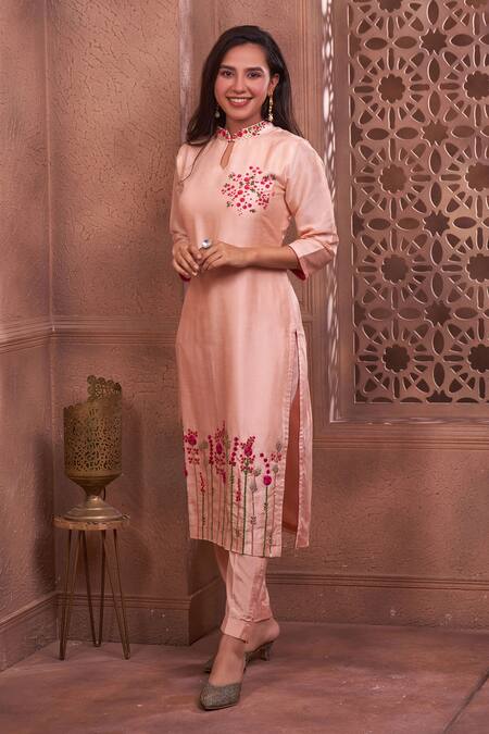 Shop Geetika Jain Peach Silk, Viscose, Organza Embroidery, Sequins Mandarin Hand Kurta Pant Set at Aza Fashions Shop_Geetika Jain_Peach Silk, Viscose, Organza Embroidery, Sequins Mandarin Hand Kurta Pant Set_at_Aza_Fashions