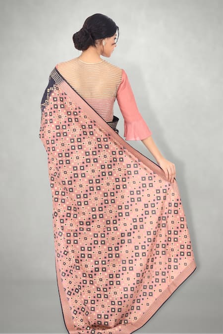 Shop_I Am Design_Pink Raw Silk Floral And Kantha Embroidery Round Button Down Crop Top _at_Aza_Fashions