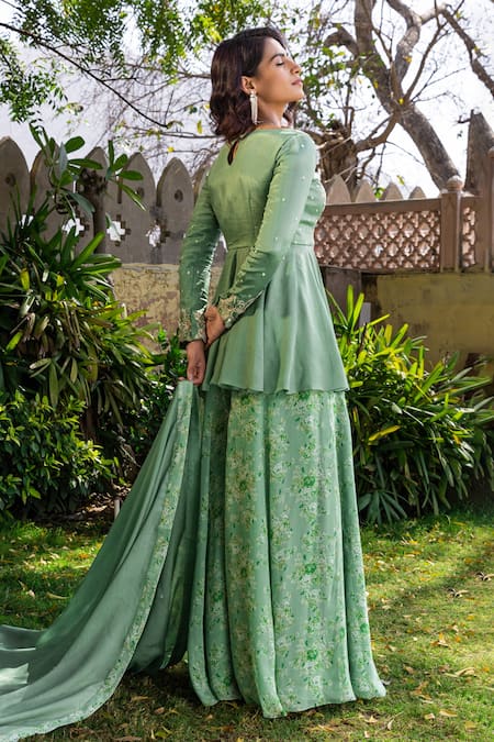 Shop_Suruchi Parakh_Green Georgette, Net Beads, Sequins, Embroidery Round Kurta Printed Sharara Set _at_Aza_Fashions