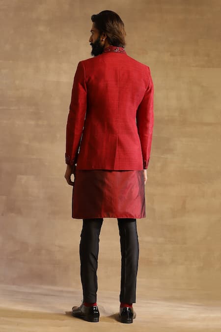 Shop_Raghavendra Rathore Jodhpur_Maroon Raw Silk Embroidered Floral Pattern Bandhgala Jacket _at_Aza_Fashions
