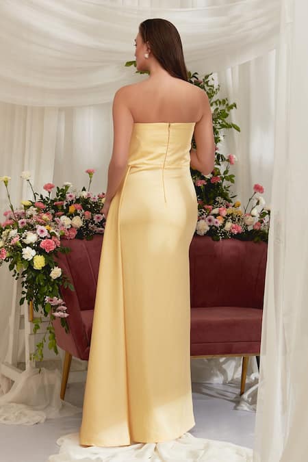 Shop_Zosia_Yellow Luxury Crush Satin Asymmetric Iris Draped Dress _at_Aza_Fashions