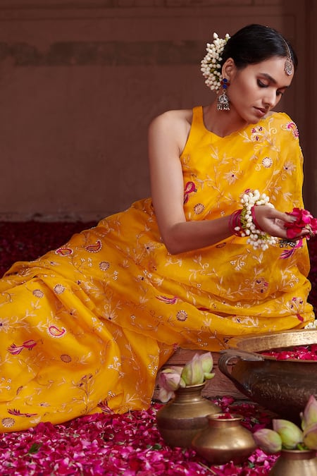 Shop Pink City By Sarika Yellow Organza, Dupion Zari Embroidered Saree With Unstitched Blouse Piece at Aza Fashions Shop_Pink City By Sarika_Yellow Organza, Dupion Zari Embroidered Saree With Unstitched Blouse Piece _at_Aza_Fashions