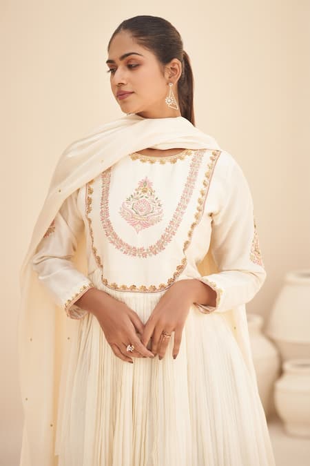 Shop Hirika & Dhruti Ivory Chanderi, Organza, Crepe Embroidery, Sequins Round Neck Hand Anarkali Set at Aza Fashions Shop_Hirika & Dhruti_Ivory Chanderi, Organza, Crepe Embroidery, Sequins Round Neck Hand Anarkali Set _at_Aza_Fashions