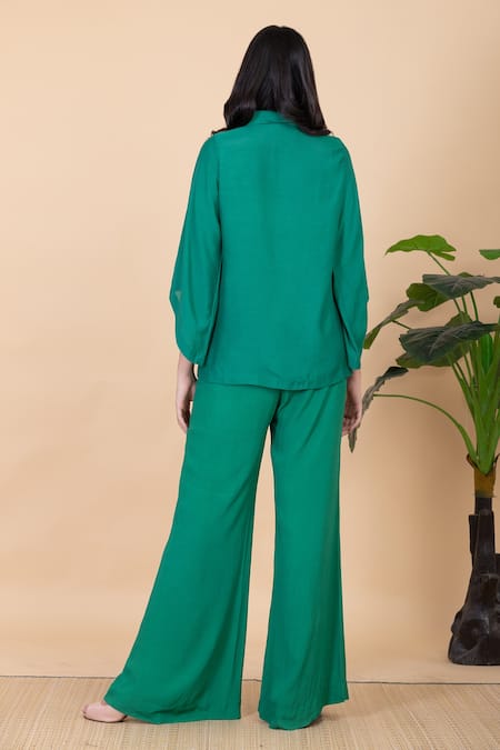 Shop Chambray & CO. Green Silk Embroidery Collared Emma Shirt And Wide Legged Pant Set at Aza Fashions Shop_Chambray & CO._Green Silk Embroidery Collared Emma Shirt And Wide Legged Pant Set _at_Aza_Fashions