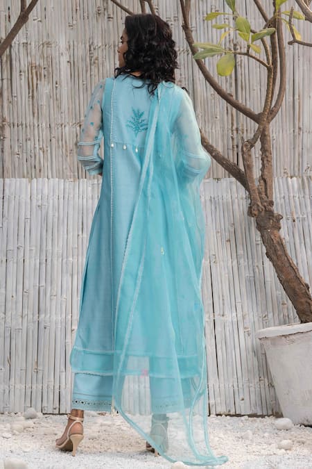 Shop_Charkhee_Blue Kurta Chanderi Hand Embroidered And Embellished Thread Gathered Palazzo Set _at_Aza_Fashions