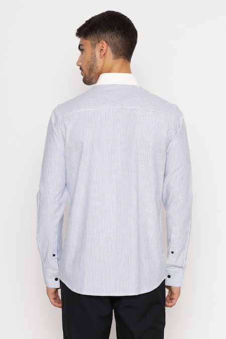 Shop Lacquer Embassy Blue Cotton Striped Print Shirt at Aza Fashions Shop_Lacquer Embassy_Blue Cotton Striped Print Shirt _at_Aza_Fashions