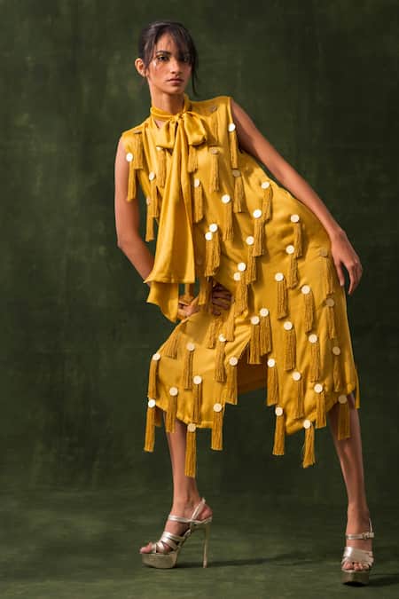 Shop Richa Khemka Yellow Modal, Satin, Taffeta Tassels, Beads Bandeau Tonal Embroidered Dress at Aza Fashions Shop_Richa Khemka_Yellow Modal, Satin, Taffeta Tassels, Beads Bandeau Tonal Embroidered Dress _at_Aza_Fashions