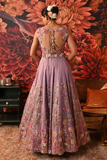 Shop Moledro Purple Organza, Brocade, Net Embroidery, Sequins, Irsa Anarkali With Dupatta at Aza Fashions Shop_Moledro_Purple Organza, Brocade, Net Embroidery, Sequins, Irsa Anarkali With Dupatta _at_Aza_Fashions