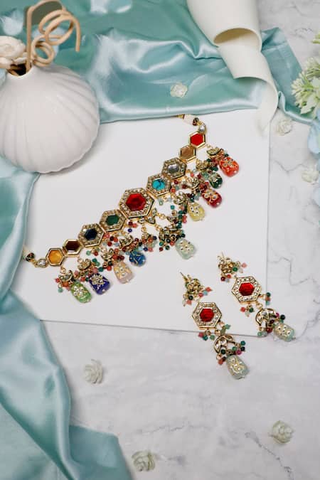 Ishhaara Multi Color Stones Gold Navratna Choker Set at Aza Fashions Ishhaara_Multi Color Stones Gold Navratna Choker Set _at_Aza_Fashions