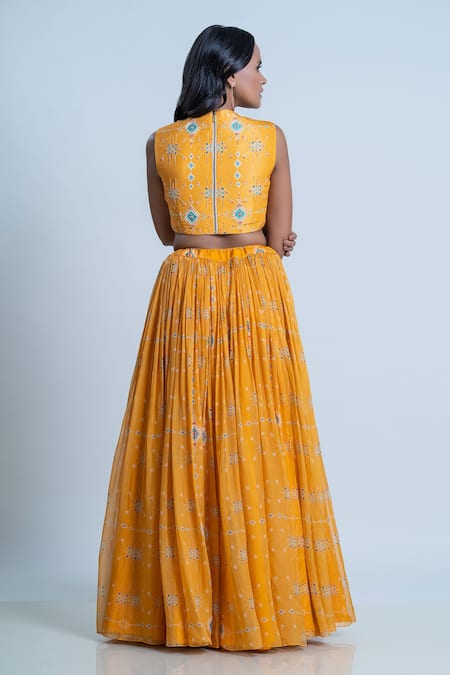 Shop Nautanky Yellow Blouse- Viscose Silk, Lehenga And Dupatta- Organza Ikat Round Print Set at Aza Fashions Shop_Nautanky_Yellow Blouse- Viscose Silk, Lehenga And Dupatta- Organza Ikat Round Print Set _at_Aza_Fashions