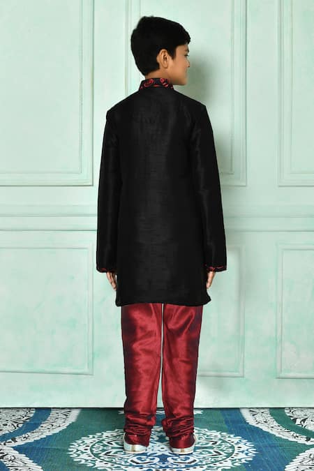 Shop Petite Pomme Black Silk Embroidery Plain Woven Kurta Set at Aza Fashions Shop_Petite Pomme_Black Silk Embroidery Plain Woven Kurta Set _at_Aza_Fashions