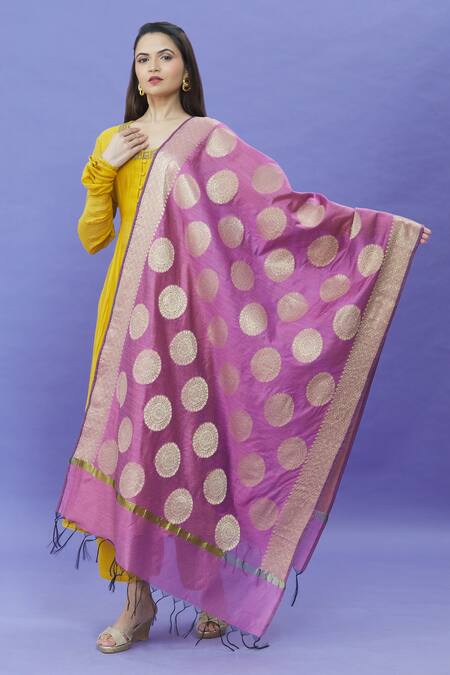 Shop_Naintara Bajaj_Pink Cotton Satin Embroidery Woven Silk Dupatta_at_Aza_Fashions