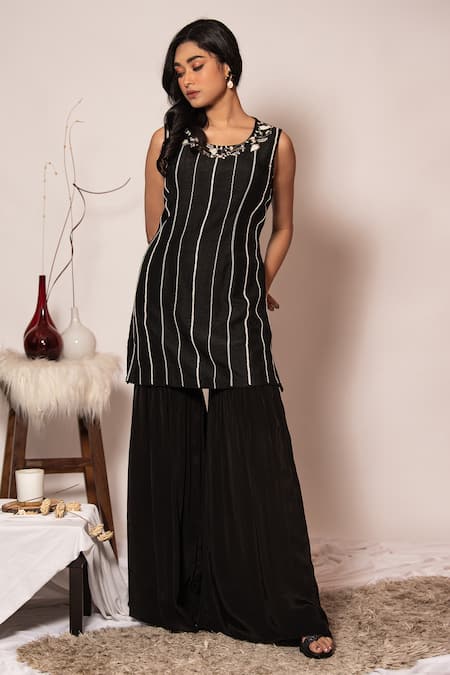 Vanshika Agarwal Label Black Hand Embroidered Top & Sharara Pant Set 