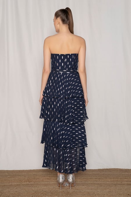 Shop Amrta By Guneet Kondal Blue Viscose Metallic Thread, Bows Square Neck Tube Top And Wrap Skirt Set at Aza Fashions Shop_Amrta By Guneet Kondal_Blue Viscose Metallic Thread, Bows Square Neck Tube Top And Wrap Skirt Set _at_Aza_Fashions