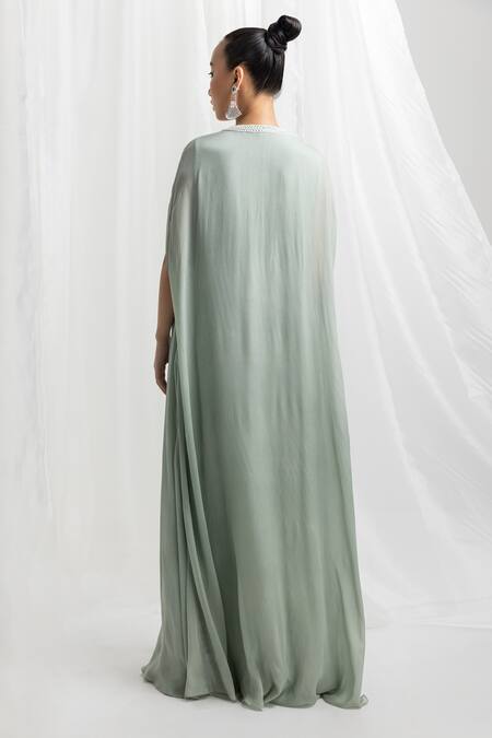 Shop_Seema Thukral_Green Chiffon, Satin Embroidery V-neck Hand Placket Kaftan _at_Aza_Fashions