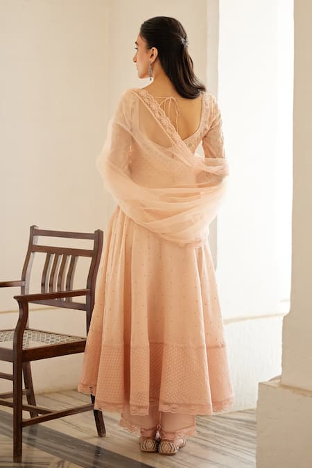 Shop Label Nimbus Peach Chanderi, Cotton, , Organza Embroidery Round Hand Anarkali Set at Aza Fashions Shop_Label Nimbus_Peach Chanderi, Cotton, , Organza Embroidery Round Hand Anarkali Set _at_Aza_Fashions