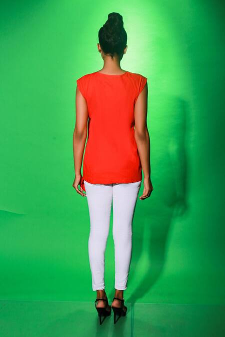 Shop Echke Coral Cotton Round Neck Side Drape Top at Aza Fashions Shop_Echke_Coral Cotton Round Neck Side Drape Top_at_Aza_Fashions