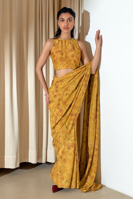 Dot Yellow Cotton Silk Printed Floral Round Saree With Blouse 