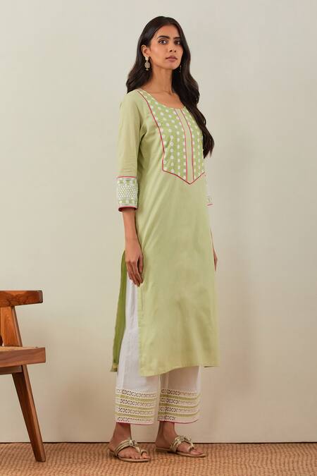 The Indian Cause Green Cotton Embroidery Chikankari Round Rooh Straight Kurta Set Online at Aza Fashions The Indian Cause_Green Cotton Embroidery Chikankari Round Rooh Straight Kurta Set_Online_at_Aza_Fashions