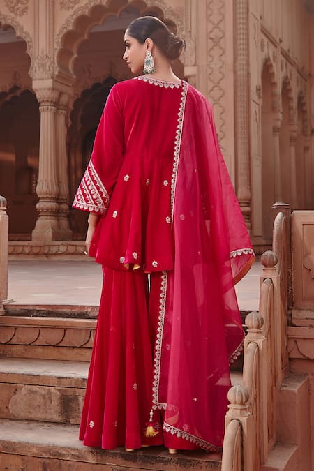 Shop_Ajiesh Oberoi_Pink Velvet, Organza Embroidery Round Neck Kalidar Kurta Gharara Set _at_Aza_Fashions