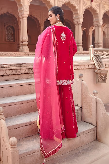 Shop_Ajiesh Oberoi_Pink Cotton, Silk, Organza Embroidery Split V-neck Dori Kurta Gharara Set _at_Aza_Fashions