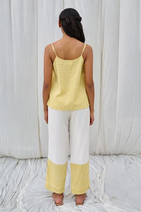 Shop Ayaka Yellow Cotton Checkered Hem Front Pleated Trouser at Aza Fashions Shop_Ayaka_Yellow Cotton Checkered Hem Front Pleated Trouser _at_Aza_Fashions