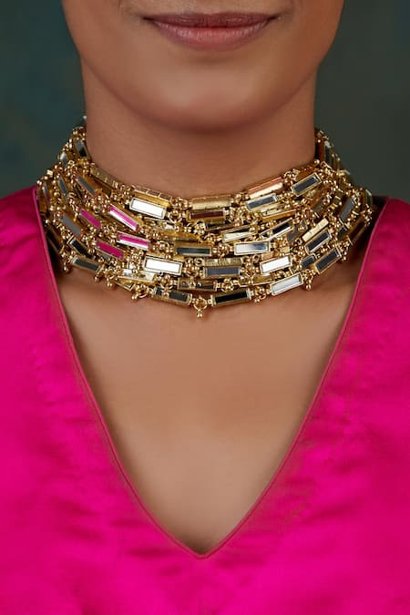 Shop_House Of Tuhina_Gold Plated Mirror Studded Link Choker _at_Aza_Fashions