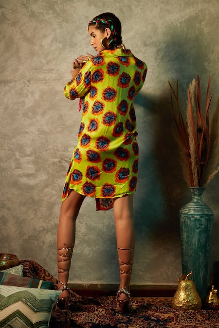 Shop Esha L Amin Orange Modal, Satin Collared Printed Shirt Dress at Aza Fashions Shop_Esha L Amin_Orange Modal, Satin Collared Printed Shirt Dress _at_Aza_Fashions