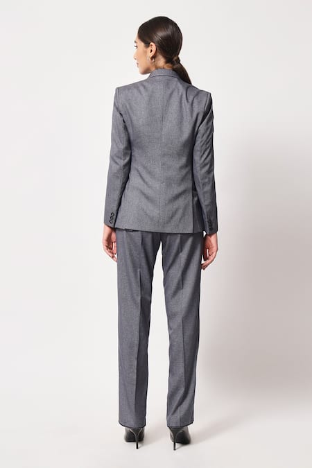 Shop_Soniya G_Grey Satin Button Down Blazer And Pant Set _at_Aza_Fashions