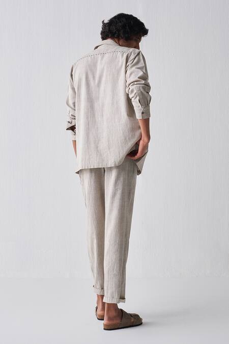 Shop_THREE_Beige Handwoven Cotton Solid Shacket _at_Aza_Fashions