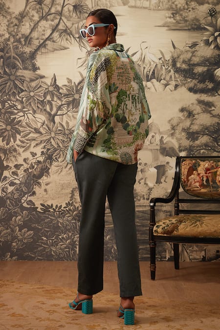 Shop Kalista Multi Color Cotton Satin, Viscose Collared Zoey Miniature Print Tunic And Pant Set at Aza Fashions Shop_Kalista_Multi Color Cotton Satin, Viscose Collared Zoey Miniature Print Tunic And Pant Set _at_Aza_Fashions