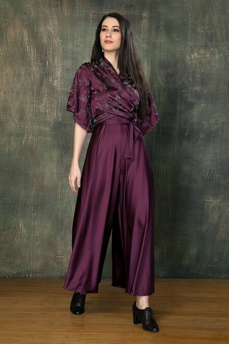 Shop_Whimsical By Shica_Purple Silk Satin Embroidery V-neck Hand Bodice Jumpsuit _at_Aza_Fashions