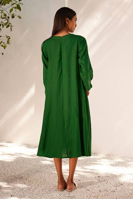 Shop_Kharakapas_Green Linen Embroidery Round Neck Late Spring Midi Dress _at_Aza_Fashions