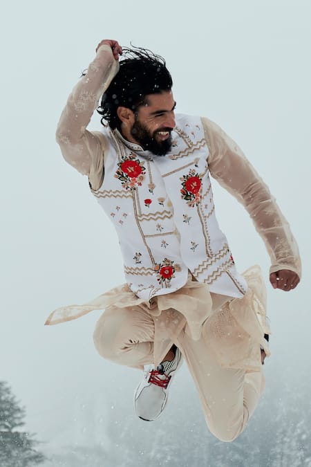 Shop Sahil Kochhar White Silk Embroidery Floral Nehru Jacket at Aza Fashions Shop_Sahil Kochhar_White Silk Embroidery Floral Nehru Jacket _at_Aza_Fashions