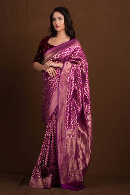 Dark Purple Banarasi Saree with Print Work Art and Unstitched Blouse – AMRUT