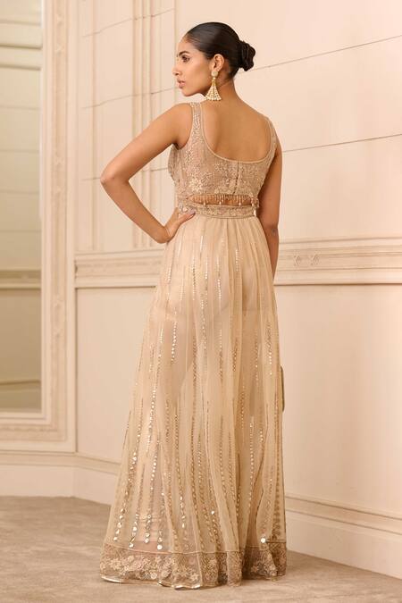 Shop Tarun Tahiliani Gold Tulle Sequins, Embroidery Floral Jumpsuit at Aza Fashions Shop_Tarun Tahiliani_Gold Tulle Sequins, Embroidery Floral Jumpsuit_at_Aza_Fashions