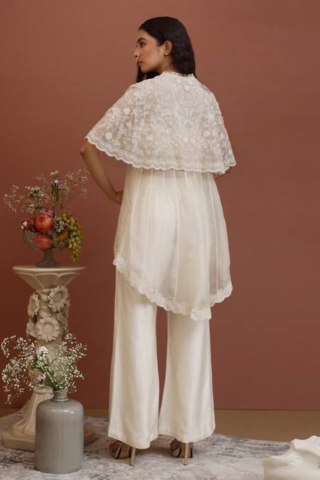 Shop Neha Poddar Ivory Cape Organza And Bustier & Pant Summer Silk Embellished Bead & & Set at Aza Fashions Shop_Neha Poddar_Ivory Cape Organza And Bustier & Pant Summer Silk Embellished Bead & & Set _at_Aza_Fashions
