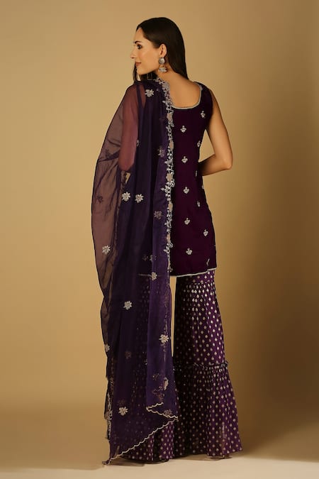 Monk & Mei By Sonia Anand Cyra Velvet Floral Embroidered Kurta Sharara Set 