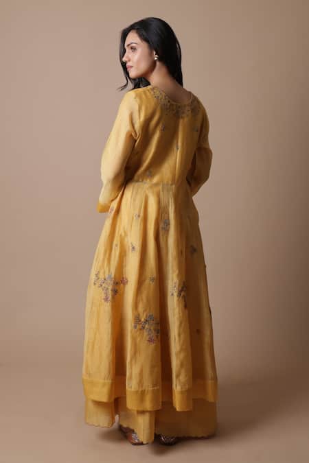 Shop_Rhua_Yellow Chanderi Silk, Chanderi, Muslin Zari, Embroidery Afra Anarkali Set _at_Aza_Fashions