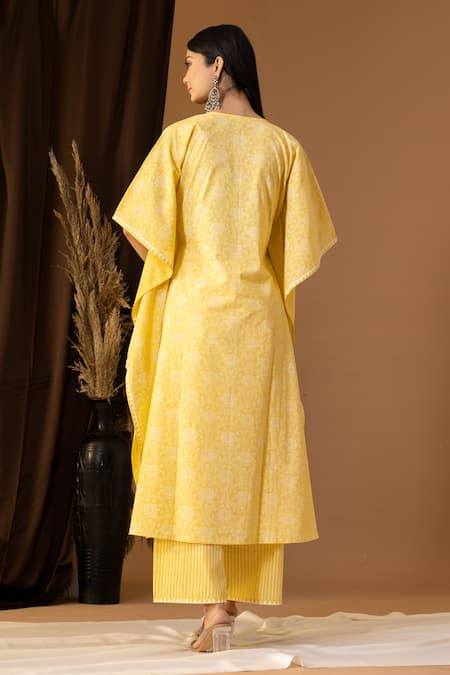 Shop Abbaran Yellow Cotton Lace Round Neck Flora Print Kaftan And Palazzo Set at Aza Fashions Shop_Abbaran_Yellow Cotton Lace Round Neck Flora Print Kaftan And Palazzo Set _at_Aza_Fashions
