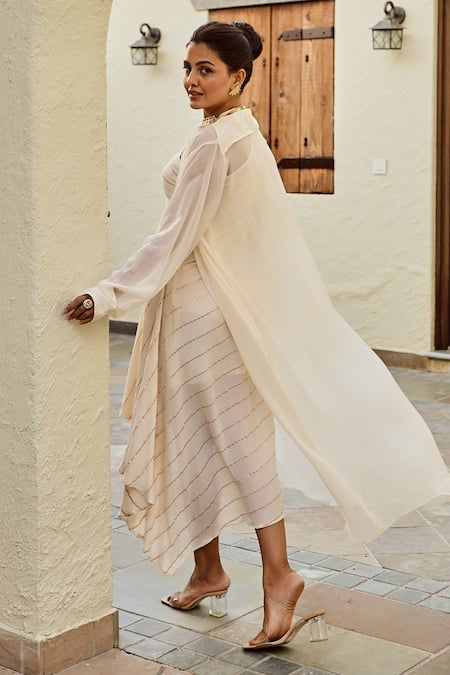 Palak & Mehak Samara One Shoulder Dress With Cape Jacket 