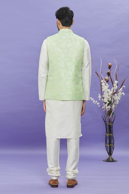 Shop_Arihant Rai Sinha_Green Jacquard, Silk Embroidery Floral Pattern Bundi _at_Aza_Fashions