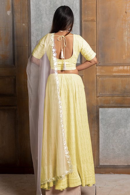 Shop Monk & Mei By Sonia Anand Yellow Chanderi, Rayon, Chiffon Tassels Chikankari Embroidered Lehenga Set at Aza Fashions Shop_Monk & Mei By Sonia Anand_Yellow Chanderi, Rayon, Chiffon Tassels Chikankari Embroidered Lehenga Set _at_Aza_Fashions