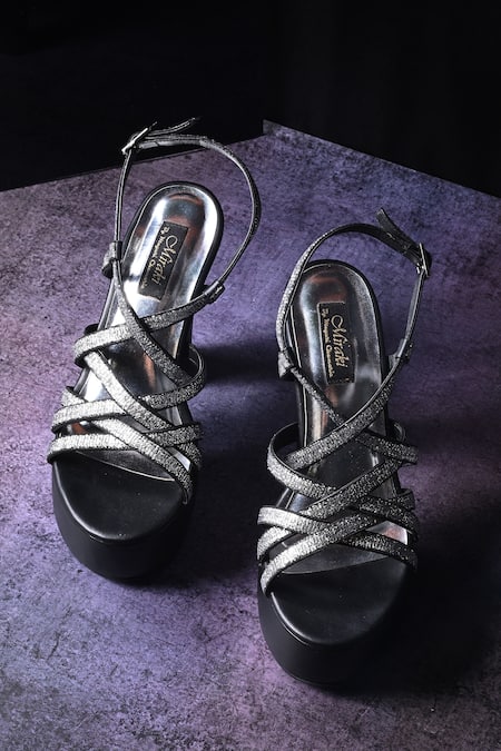 Shop Miraki Black Embellished Rhinestone Platform Block Heels at Aza Fashions Shop_Miraki_Black Embellished Rhinestone Platform Block Heels _at_Aza_Fashions