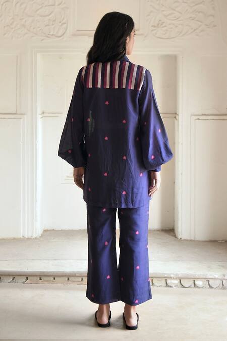 Shop_Taro_Blue Chanderi Silk Printed Floral And Stripe Shirt Collar Iris Pant Set _at_Aza_Fashions