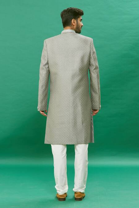 Shop Rng Safawala Grey Silk Cut Work, Embroidery Raw Achkan Set at Aza Fashions Shop_Rng Safawala_Grey Silk Cut Work, Embroidery Raw Achkan Set_at_Aza_Fashions